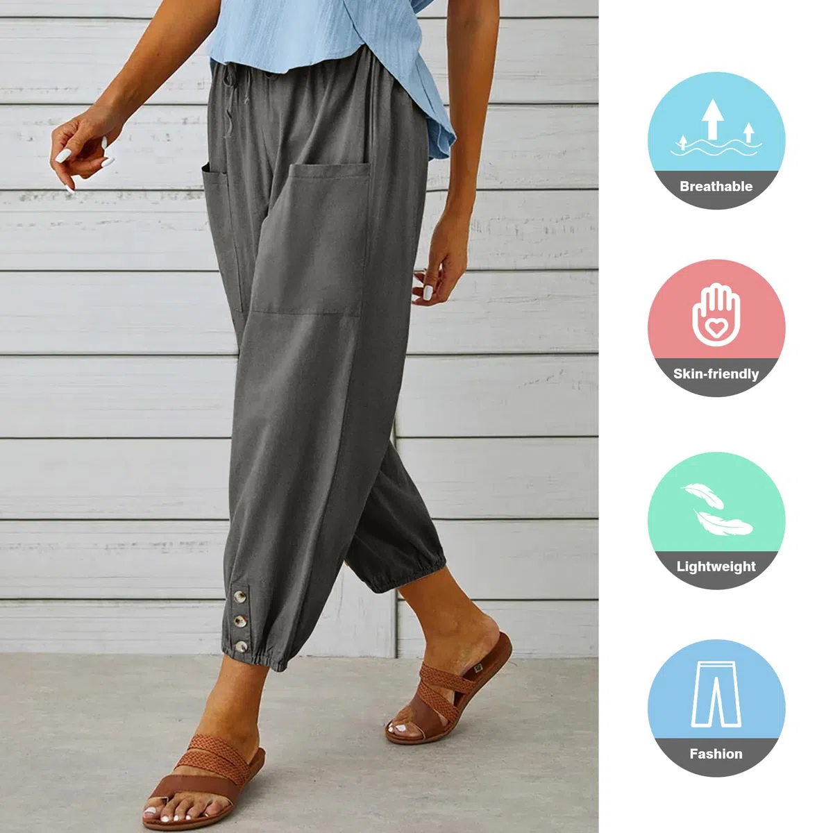 Pantaloni Donna Estivi Leggeri Cotone Pantaloni a 7/8 Gamba Larga Casual Pantaloni Cropped Harem Pants Elastici in Vita per Spiaggia Vacanze