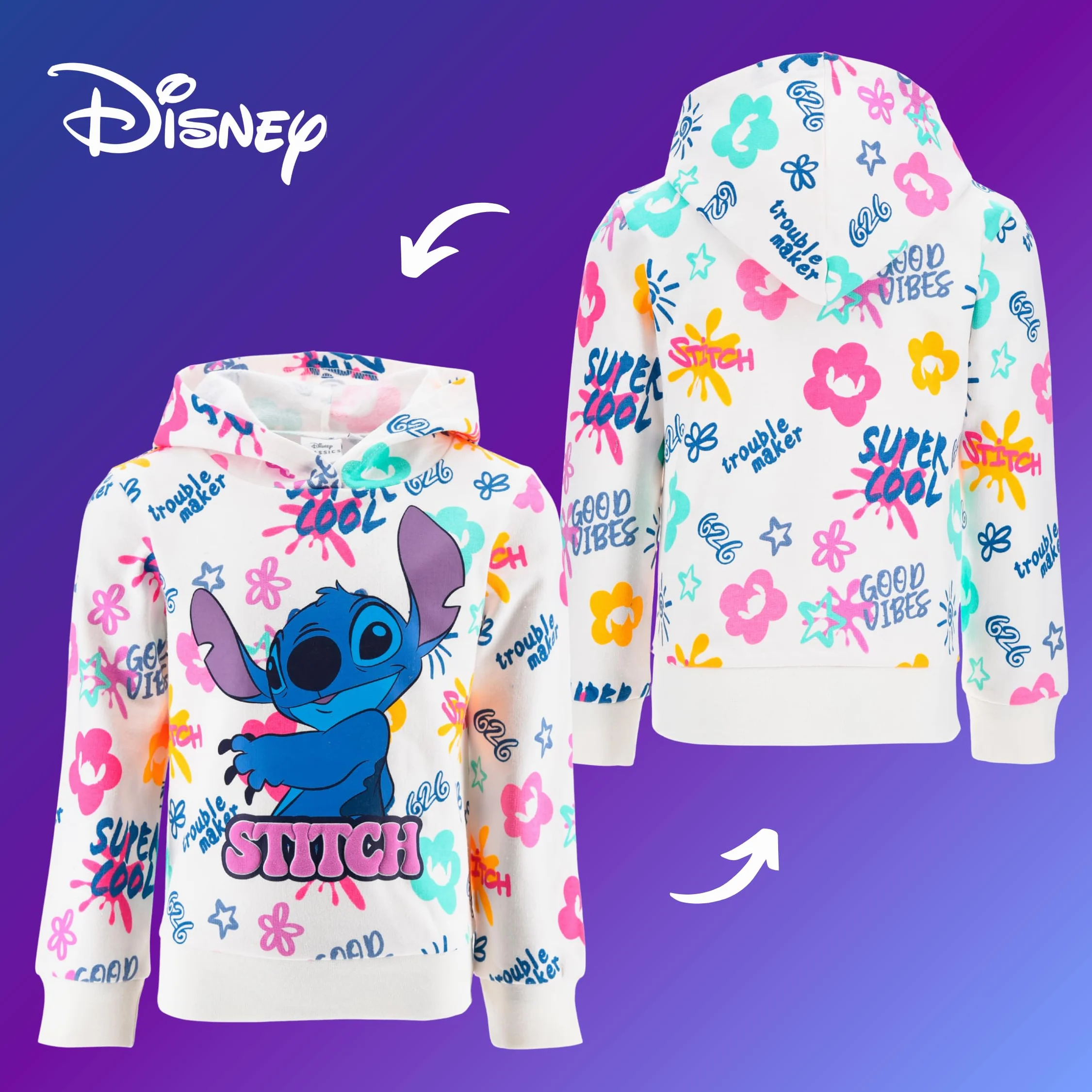 Disney Stitch Felpa per Ragazze, Maglione Motivo Stitch, Jersey Pullover con Cappuccio in Tessuto Morbido per Bambina, Taglie 3 a 8 Anni