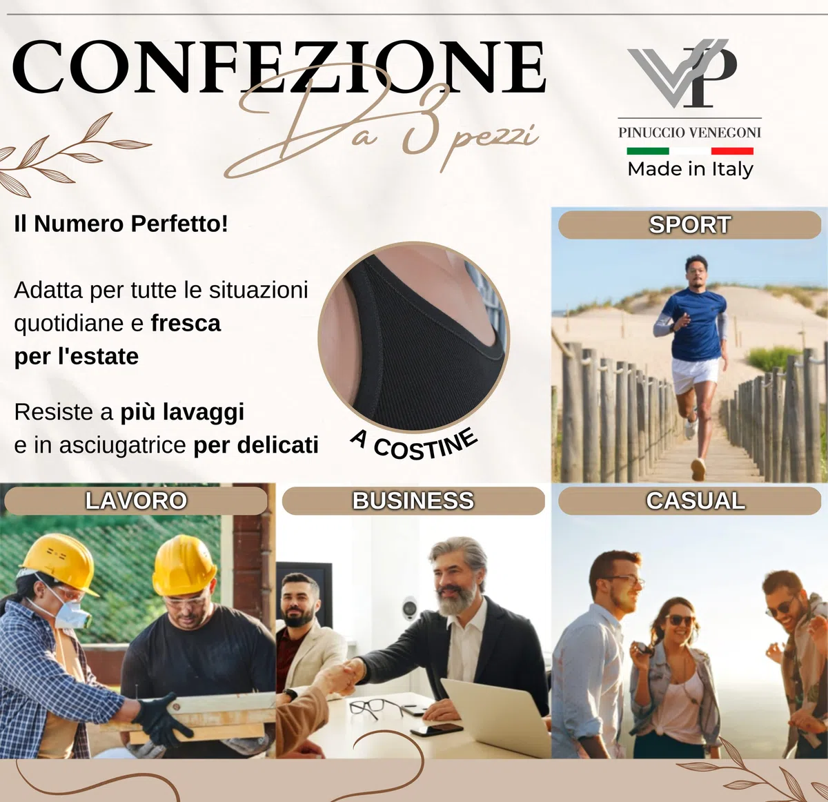 VP PINUCCIO VENEGONI Set 3 Canottiere Uomo Intimo Costine; Made in Italy 100% Cotone Mercerizzato; Canotta Spalla Stretta Intima Bianca Nera Smanicata; Canotte estive Smanicato Uomo