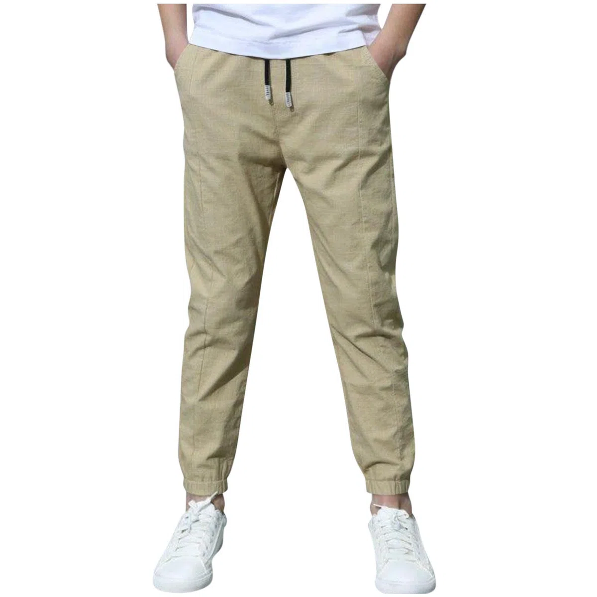 Confezione da 2 pantaloni in lino estivi classici alla moda pantaloni chino con coulisse, pantaloni sportivi leggeri, casual, tinta unita, uniforme scolastica, età 3-13 anni