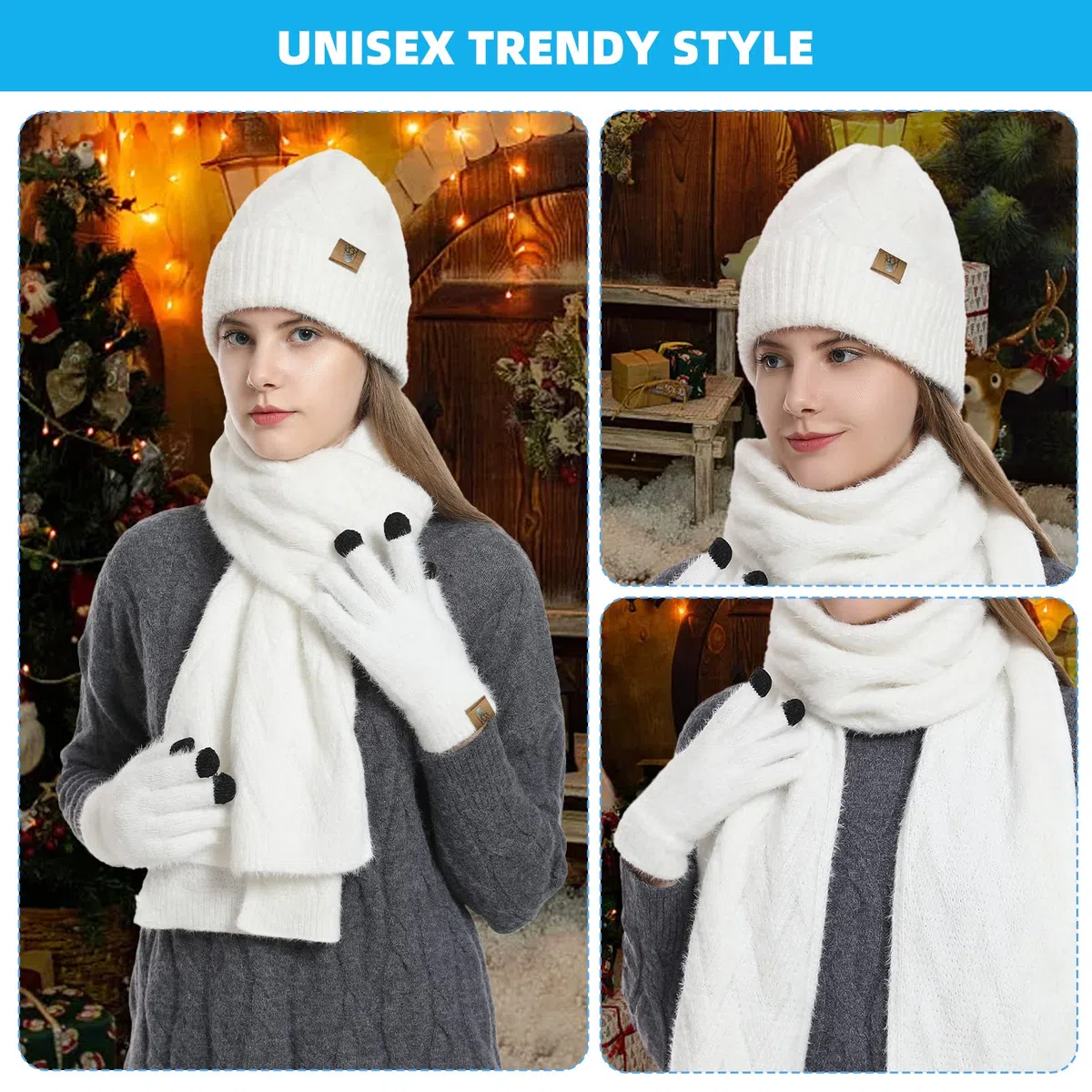 Sciarpa Donna e Berretto Guanti Touch Screen Invernali 3 Pz Cappello Fodera in Pile e Guanti Termici Set Regalo Donna