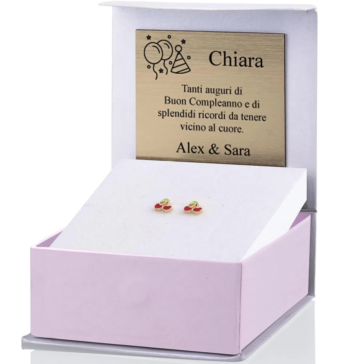 Sakrami Orecchini in Argento 925 con Perno per Bambini Ciliegie Smaltate Personalizzabile - Kids Collection + Confezione Regalo Personalizzata - Orecchini per Nascita Comunione Battesimo Compleanno