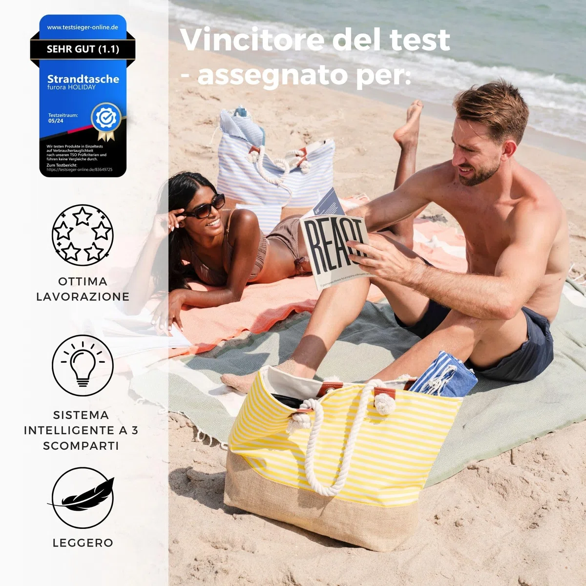 furora HOLIDAY Borsa Mare Grande XL, Donna + Uomo: con cerniera e 2 tasche interne (per costumi da bagno bagnati e oggetti di valore) maniglia comoda, leggera, grande | Borsa Spiaggia