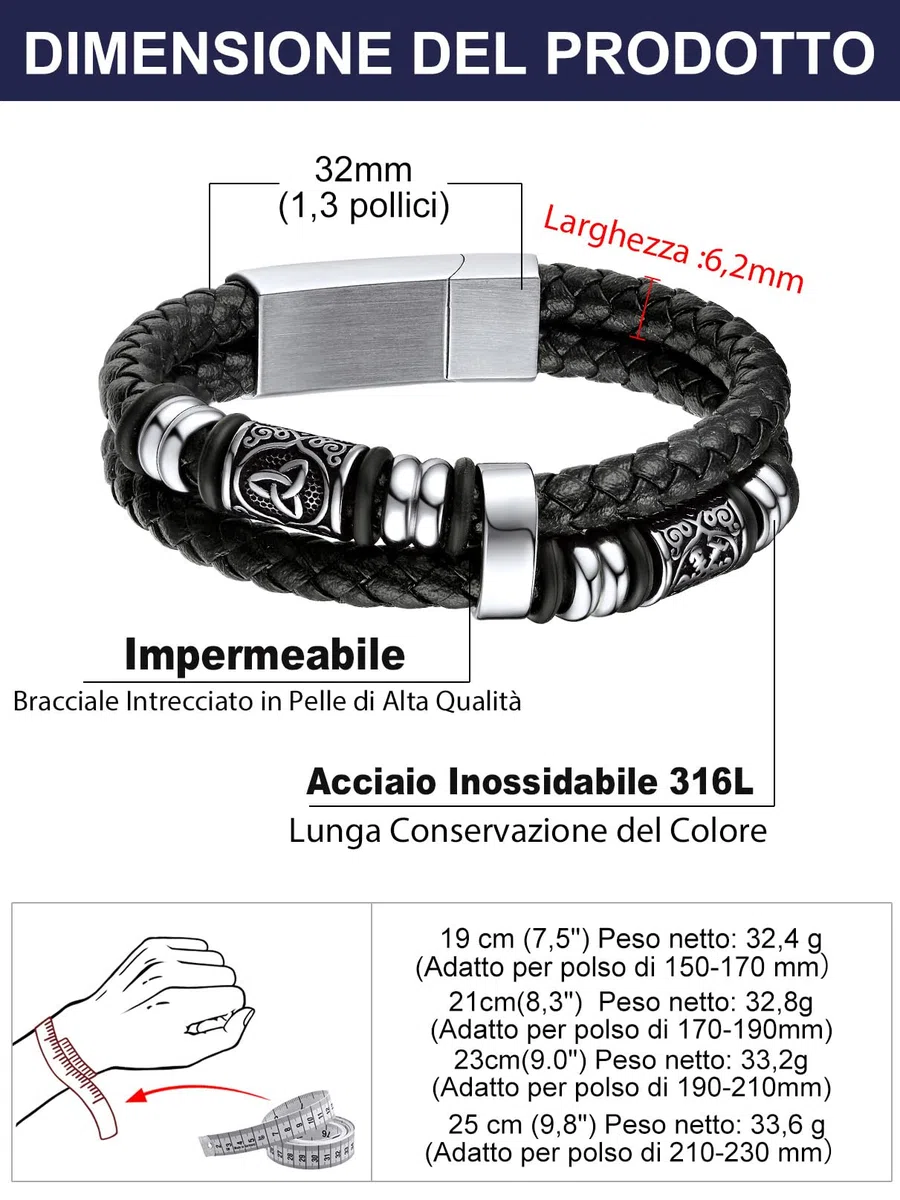 Bandmax Bracciale Uomo Pelle Cuoio Intrecciata con Chiusura Magnetica in Acciaio Inossidabile, Argento/Oro/Nero Braccialetto Uomo Personalizzato con Bussola Vichingo, Idee Regalo Uomo Papà Ragazzo