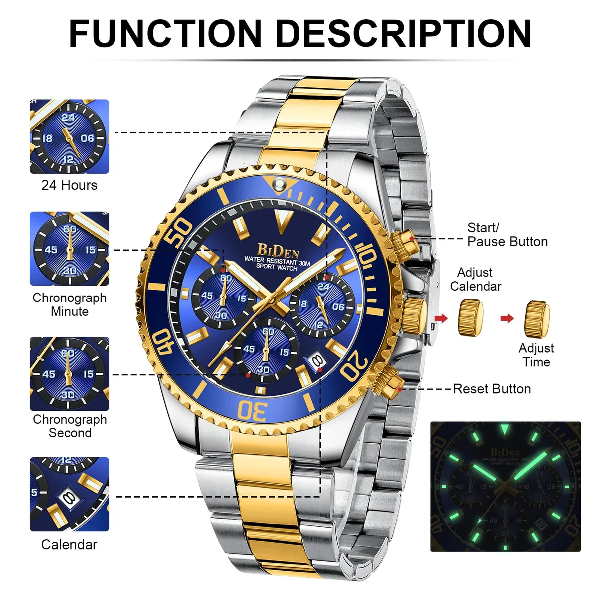 HANPOSH Orologio Uomo Orologio Militare Acciaio Cronografo Impermeabile Luminosi Design Orologi Quadrante Grande da Polso Elegante Sportivo Analogici Data