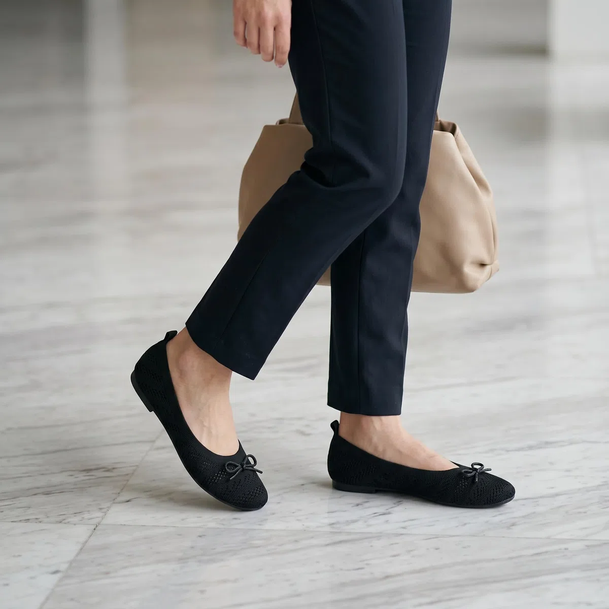 Ballerine da donna in tessuto con fiocco, antiscivolo, tipo manoletina ultra morbide