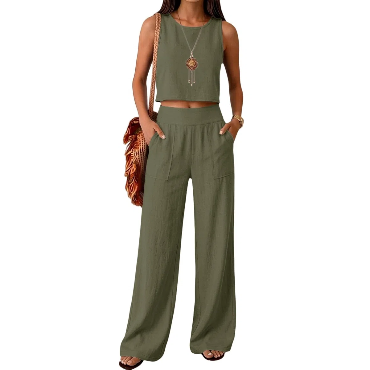Completo Estivo Donna Lino Tailleur Donna Estiva Senza Maniche Girocollo Tuta Completa Lino e Cotone Completi Estivi Set Casual Relax Corte Top e Pantaloni Estivi da Casa Ideale Per Vacanza