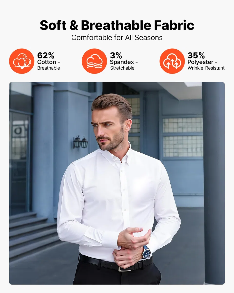 VEVOR Camicia da Uomo con Bottoni, Maniche Lunghe Antipiega, vestibilità Slim Fit in Tessuto Morbido ed Elasticizzato per Abbigliamento Casual o Formale da Lavoro, Lavoro, Matrimonio, Cena, Bianco