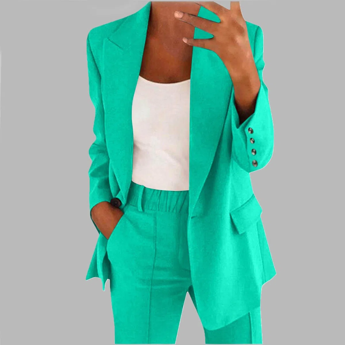 Tailleur Donna Elegante Invernale Matrimonio Blazer Ufficio Oversize Completo con Pantaloni Dritti Comunione Giacca Verde Salvia 2 Pezzi Business Suit con Risvolto per Matrimoni E Feste