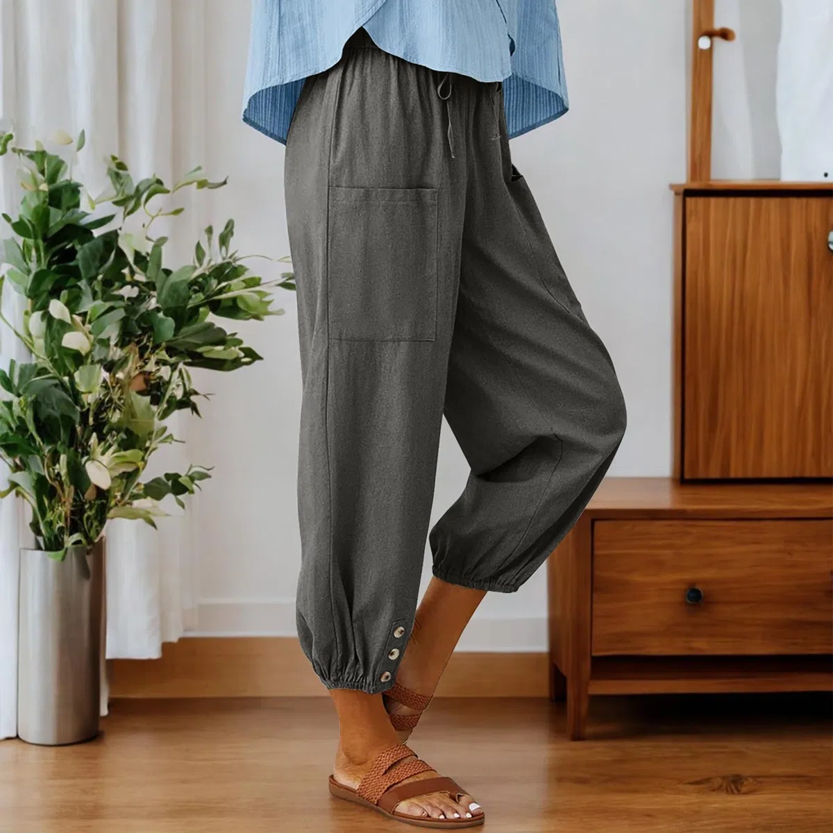 Pantaloni Donna Estivi Leggeri Cotone Pantaloni a 7/8 Gamba Larga Casual Pantaloni Cropped Harem Pants Elastici in Vita per Spiaggia Vacanze