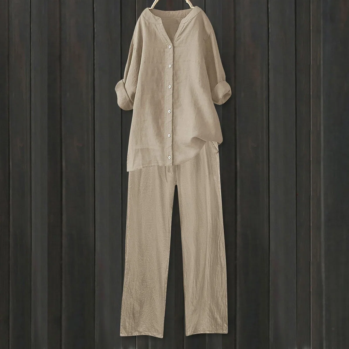 Completo Donna Elegante Casual Cotone E Lino Pantalone Lungo Estivo Tuta Elegante Tinta Unita Larghi Camicia + Pantaloni Palestra Curvy Set Due Pezzi Comodo Primavera Maniche 3/4 Set Spiaggia