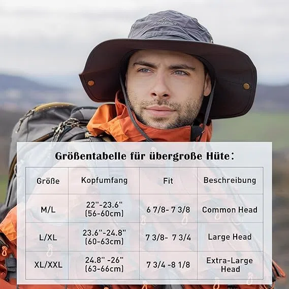 TOP-EX XL/XXL Cappello da sole da uomo a tesa larga UPF 50+ & impermeabile, grandi cappelli estivi per escursioni, trekking, pesca, campeggio, vela, pieghevole, regolabile, traspirante