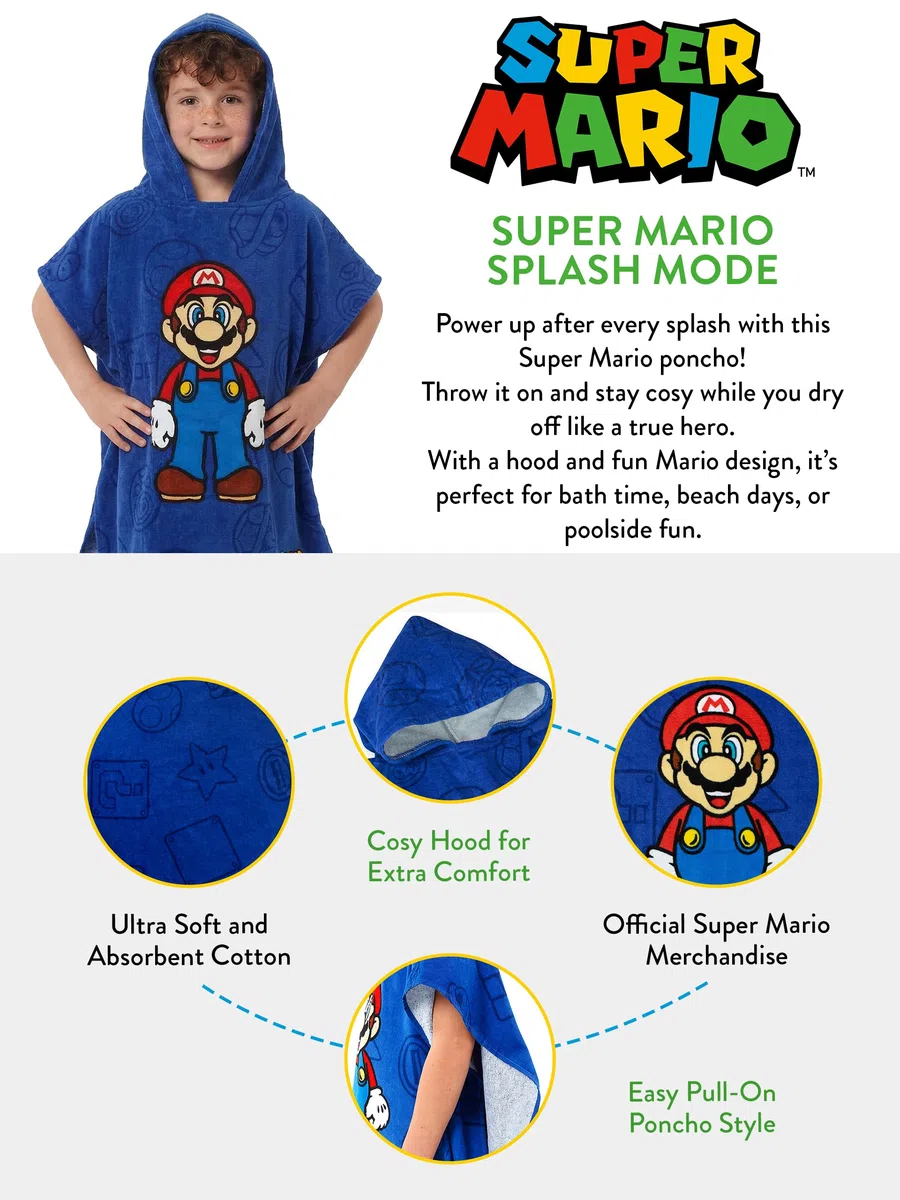SUPER MARIO BROS Costume da bagno Gioco poncho asciugamano con cappuccio giochi per bambini taglia unica blu