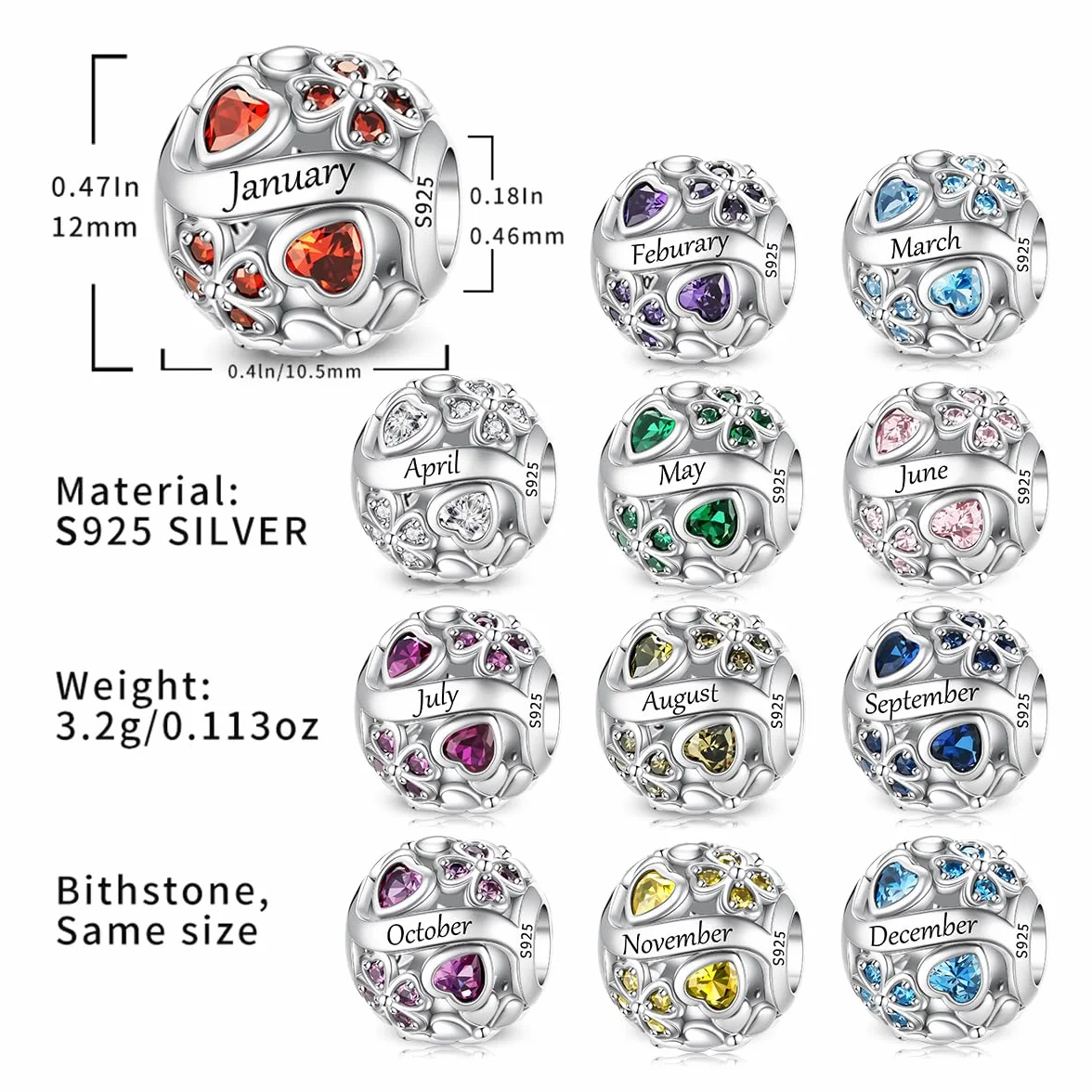 LNQOBU Birthstone Charms per Braccialetti, 925 Argento Sterling Perline di Fascino a Forma di Cuore con trifoglio Portafortuna, Ciondolo d'amore, Regalo di Compleanno per le Donne