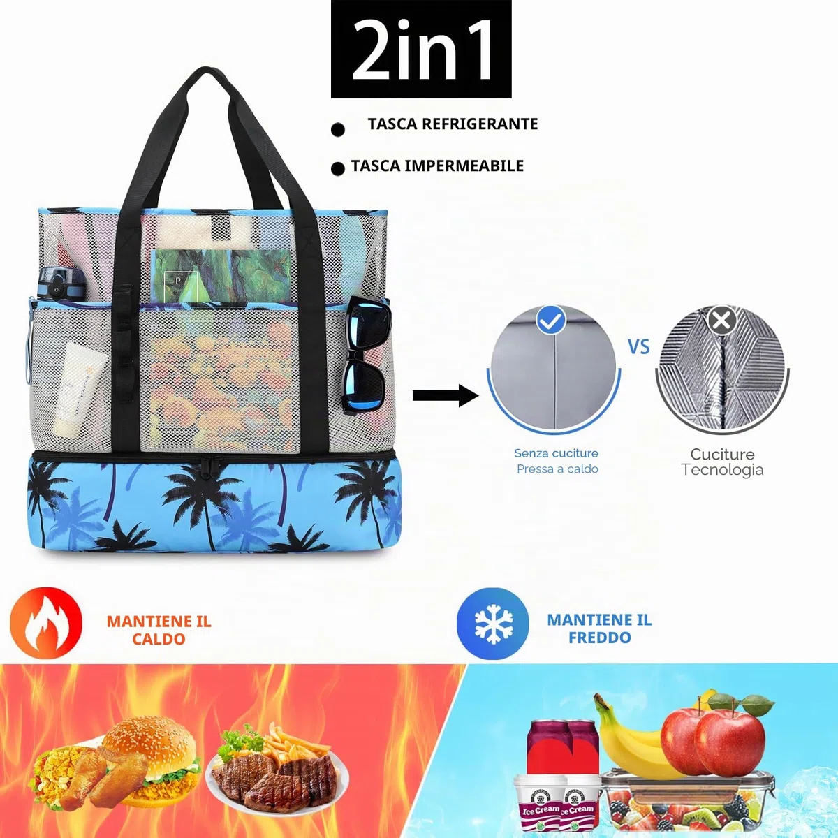 Borsa Mare in Rete Donna Grande Famiglia Borsa Frigo Mare Spiaggia Uomo Borsa Elegante e Resistente con Bottone Magnetico per Shopper Giocattoli Spiaggia Viaggio Vacanze