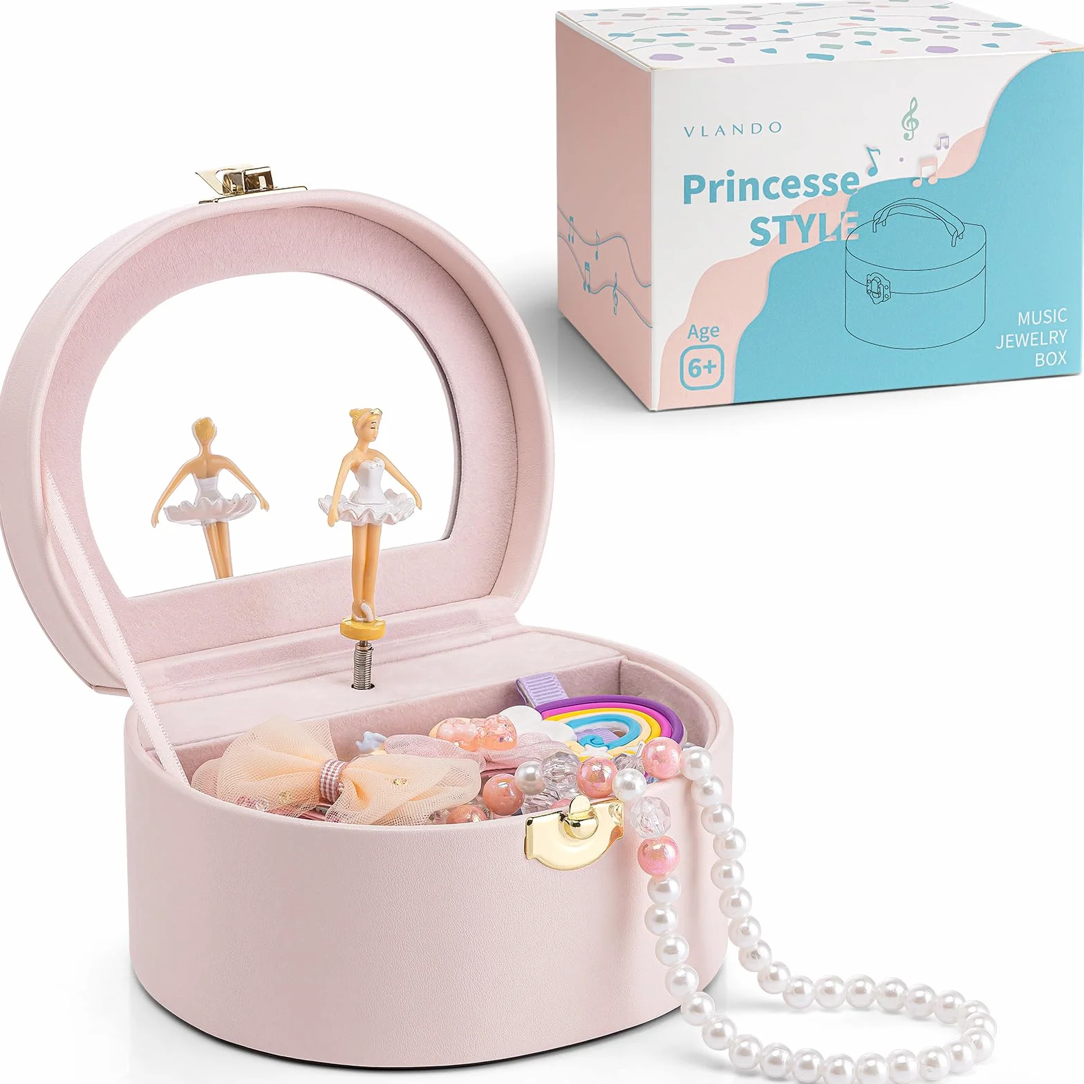 Vlando Portagioie per Ragazze con Carillon, Portagioie per Bambini con Ballerina Rotante e Specchio, Giocattolo Regalo per Bambine di 4 5 Anni, Portagioie per Ragazze in Pelle con Adesivi Fai-da-Te