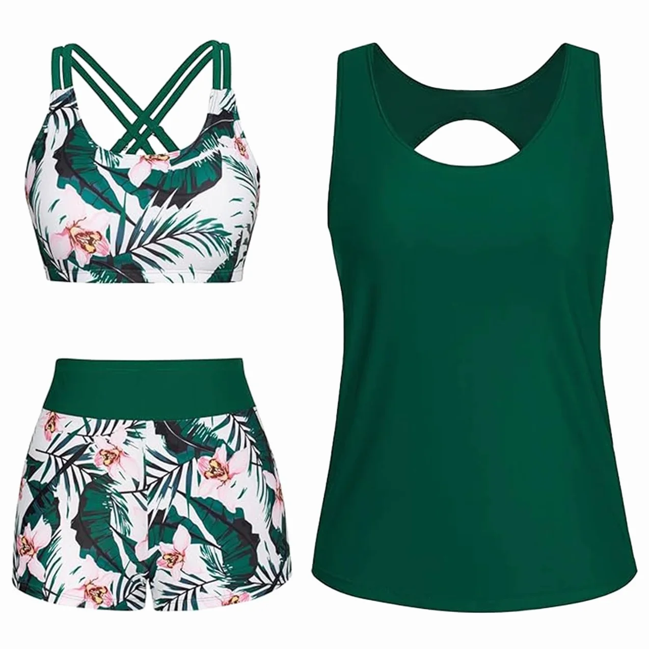 Yutdeng Tankini da Donna in 3 Pezzi Canotte Top e Bikini Push Up e Pantaloncini da Bagno a Vita Alta Costume da Bagno Sportivo Tankini Coprente Contenitivo per Mare Piscina Spiaggia