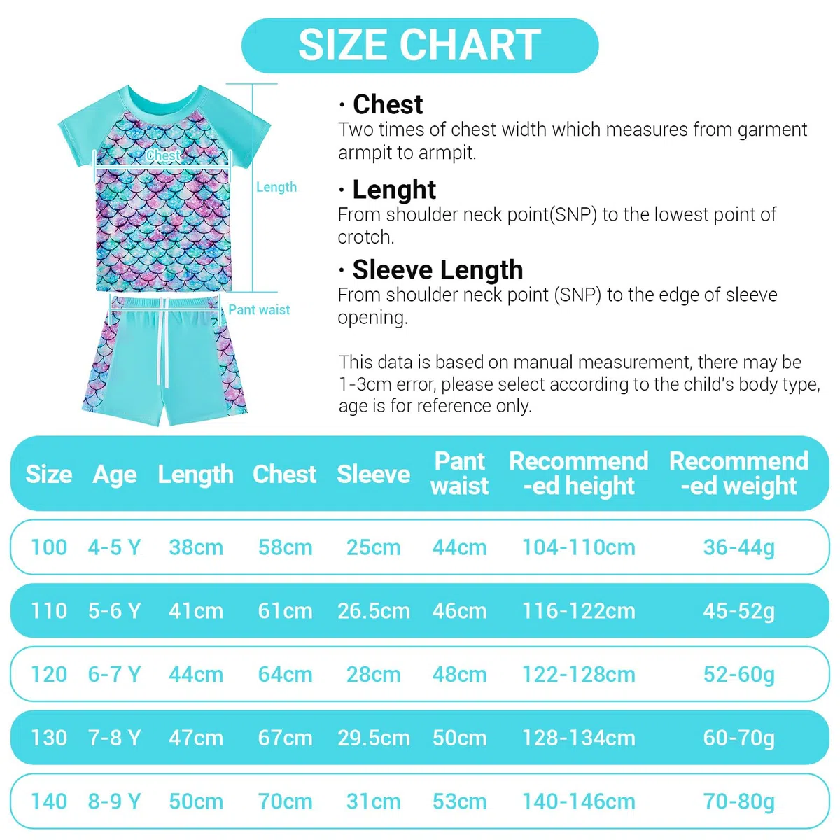 WYTbaby Costume da Bagno Ragazze Sirena Manica CorteCostume Piscina Bambina Anti-UV UPF 50+ Set per Spiaggia,Piscina Rash Guard per Bambina 4-9 Anni