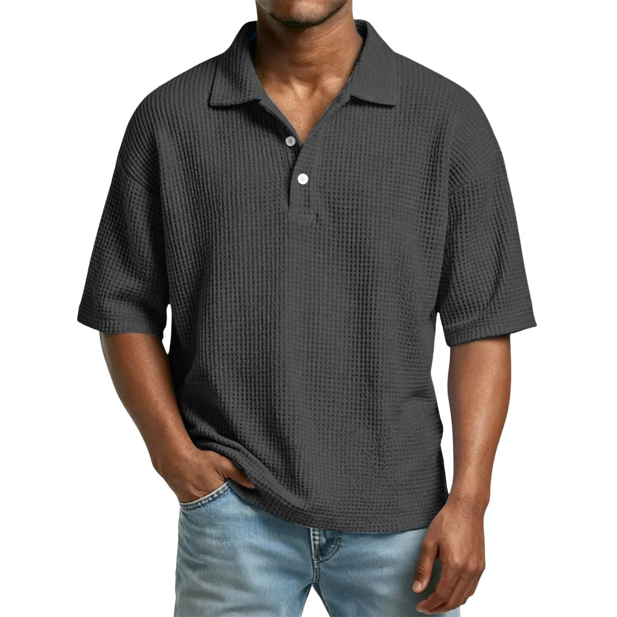 T-shirt da uomo, a maniche corte, estiva, con bottoni, casual, struttura a nido d'ape, maglietta basic larga, da uomo, leggera, vestibilità regolare
