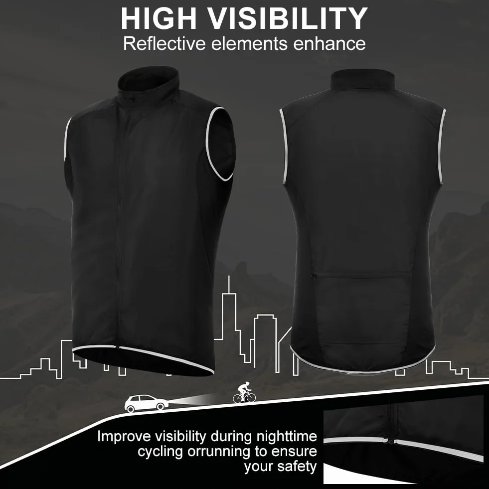 Gilet da Ciclismo, Gilet Antivento Ciclismo Uomo, Gilet da Ciclismo Senza Maniche, Leggero e Traspirante, Con Strisce Riflettenti, Adatto per Ciclismo, Corsa e Sport All'aria Aperta