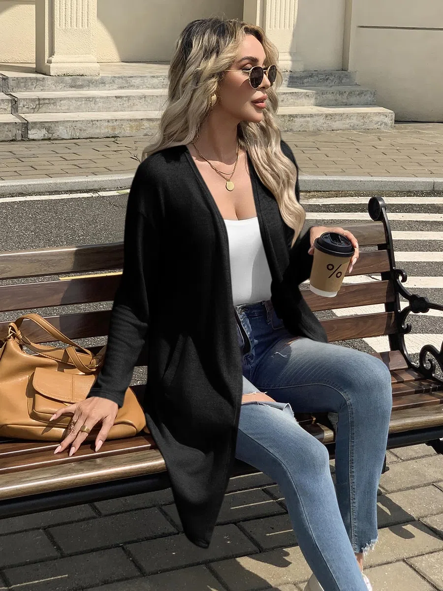 Fisoew Cardigan da donna, aperto, a maniche lunghe, leggero, lavorato a maglia, lungo, con tasche