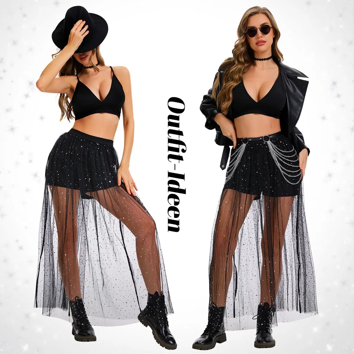 JasGood Gonna in tulle trasparente da donna 2 in 1, con pantaloncini, a vita alta, irregolare, per feste e clubwear