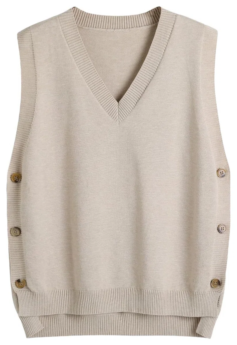 Maglione da donna con scollo a V, senza maniche, maglione, lavorato a maglia, con bottoni laterali, asimmetrie, canotte a costine
