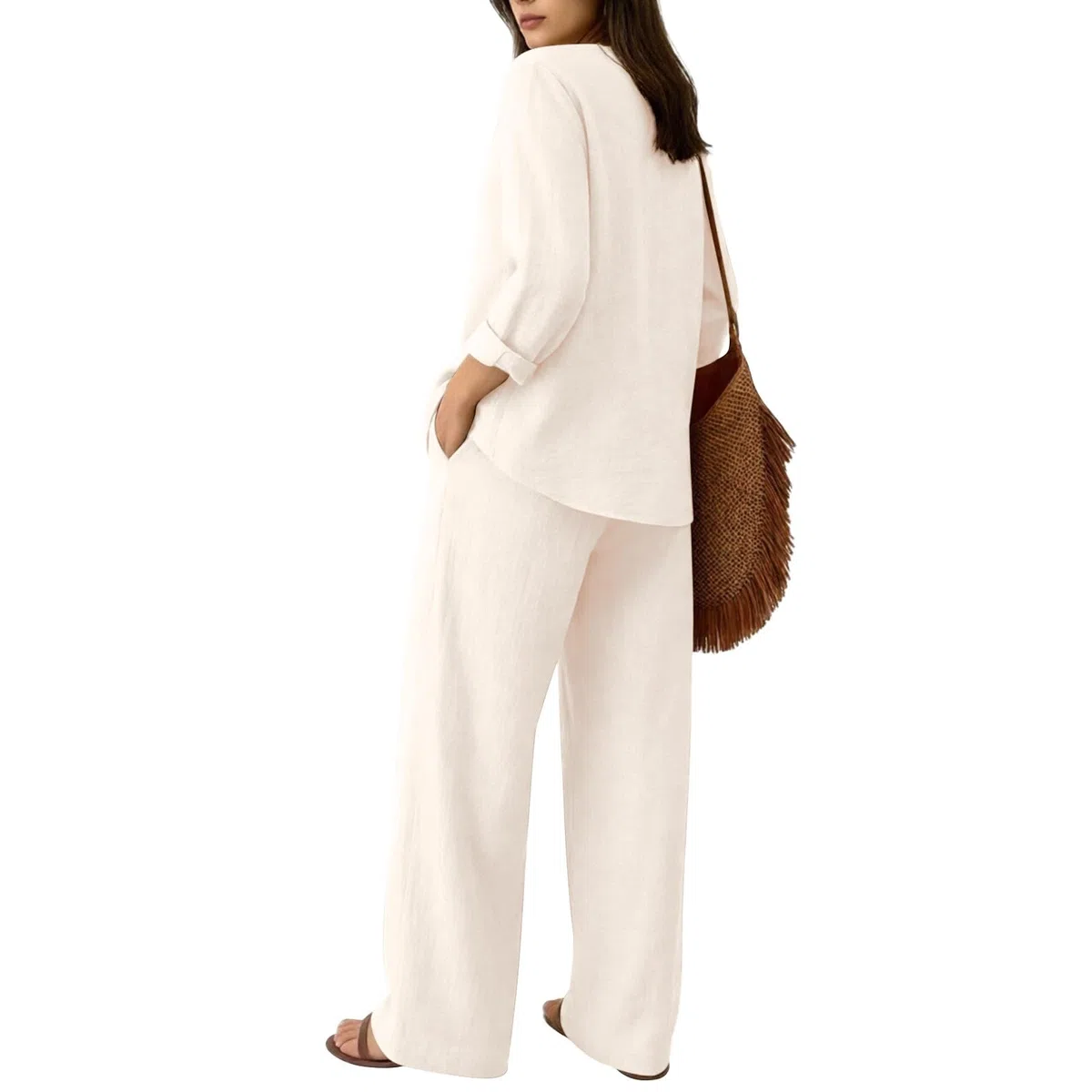 Generico Completo Di Lino Donna Estivo 2 Pezzi Pantalone Lungo Estivo Tuta Elegante Maniche 3/4 Completo Estiva Curvy Tute Casual Completi Leggera Comodi Set Mare Spiaggia Larghi Drop Shoulder