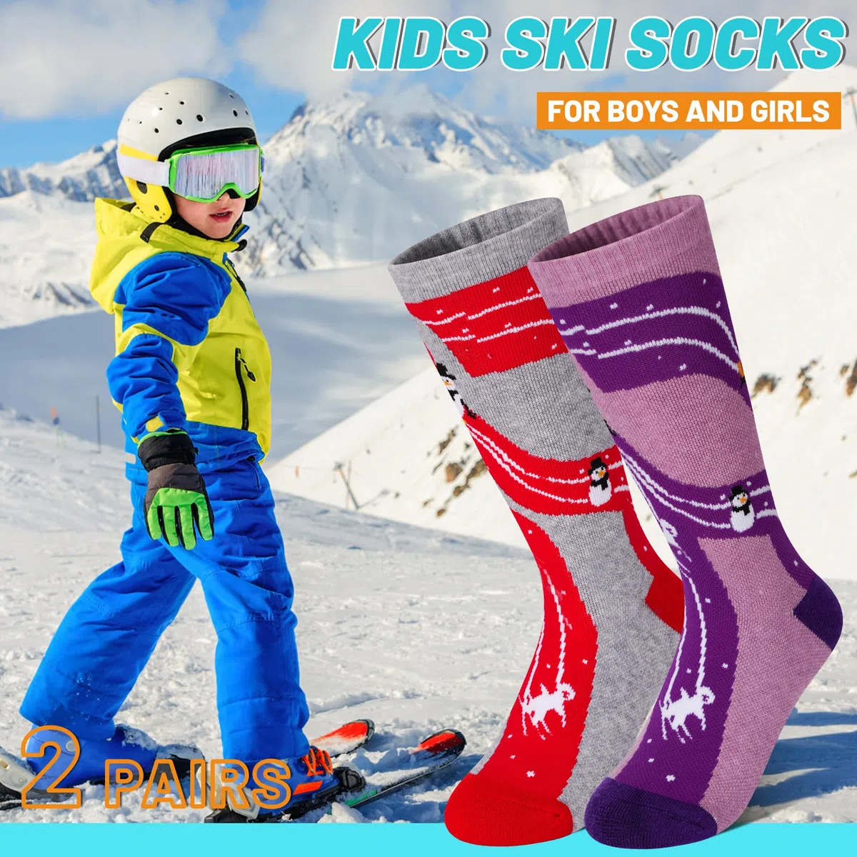 GRPSKCOS 2 paia di calzini da sci in lana merino, per bambini, invernali, termici, spessi, caldi, per sci, pattinaggio, snowboard, escursionismo, 3-12 anni
