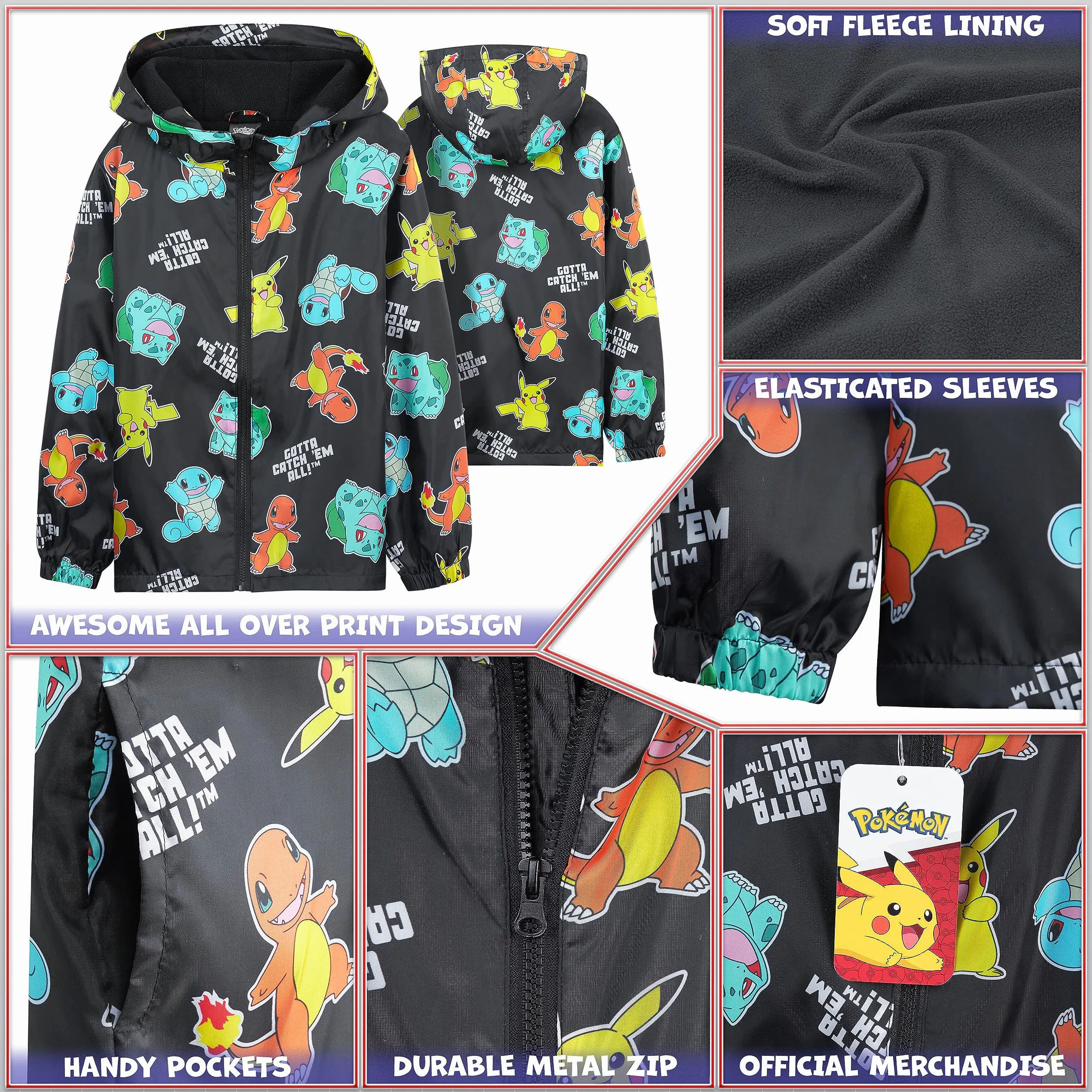 Pokémon Giacca Impermeabile Bambino - 100% Poliestere Giacca Antipioggia Bambino - Comoda Giacca Impermeabile Bambina e Bambini