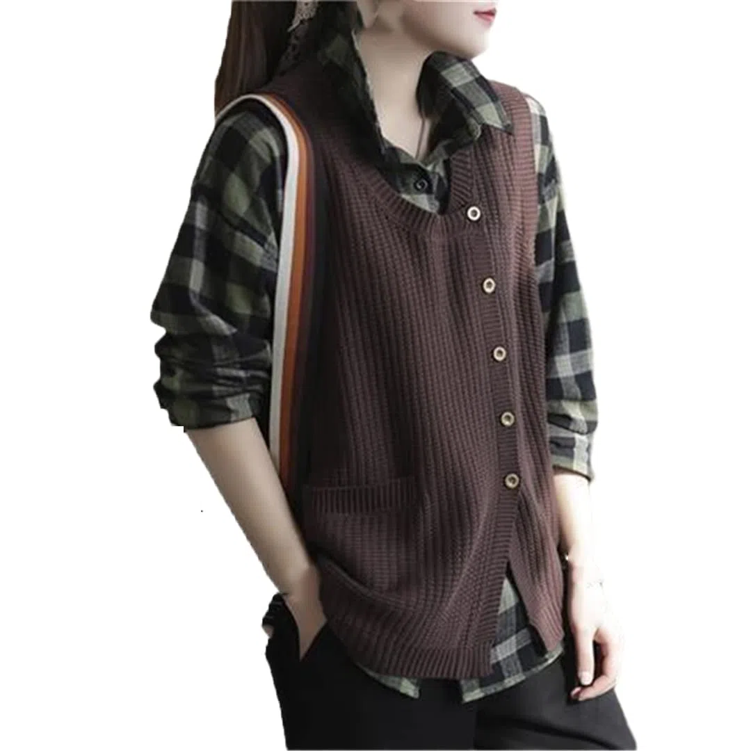 Ownwfeat Gilet Cardigan Lavorato A Maglia Senza Maniche Monopetto Girocollo da Donna