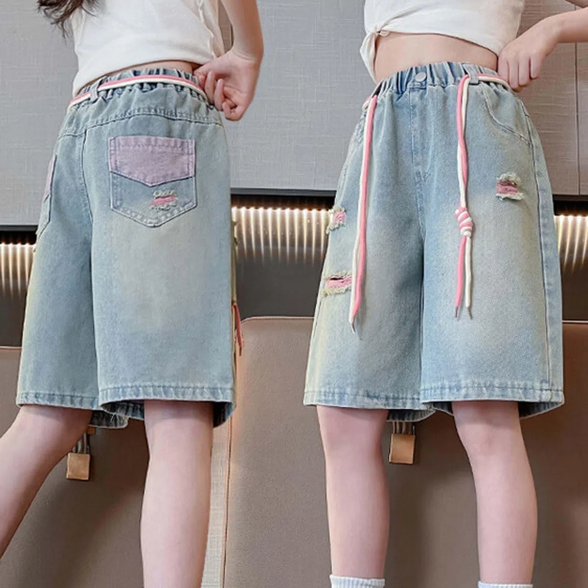 Pantaloncini Jeans Estivi Ragazze,Pantaloncini Corti da Ragazza con Elastico in Vita Tasche Lunghezza al Ginocchio Bambine Denim Shorts Estate Pantaloni Baggy per Bambini e Adolescenti, 3-16 Anni