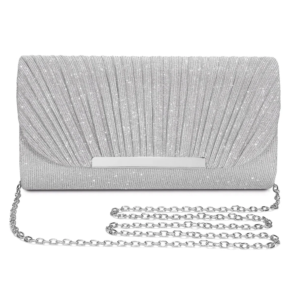 Pochette Donna Argento,Cerimonia Clutches Moda, Borsa da Sera Glitterata con Catena Staccabile, Borsa a Tracolla Elegante perfette per il Ballo di Fine Anno, Feste o Matrimoni
