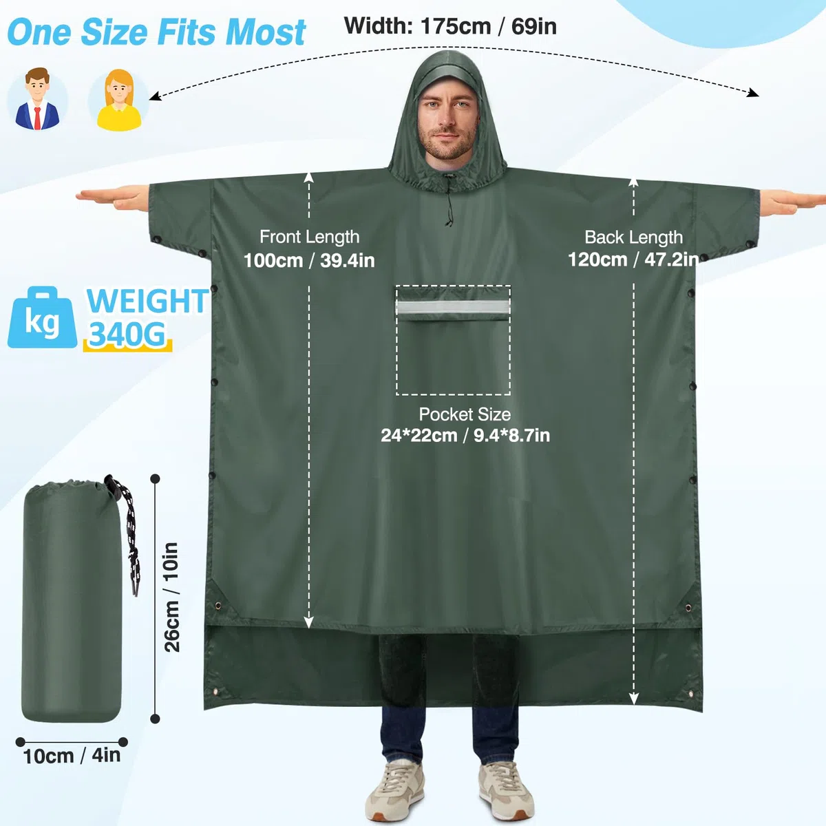 Poncho Antipioggia Impermeabile Riutilizzabile con Cappuccio Maniche e Riflettore Poncho Impermeabile per Adulti unisex Portatile Poncho Pioggia per Uomo Donna Trekking Campeggio Pesca