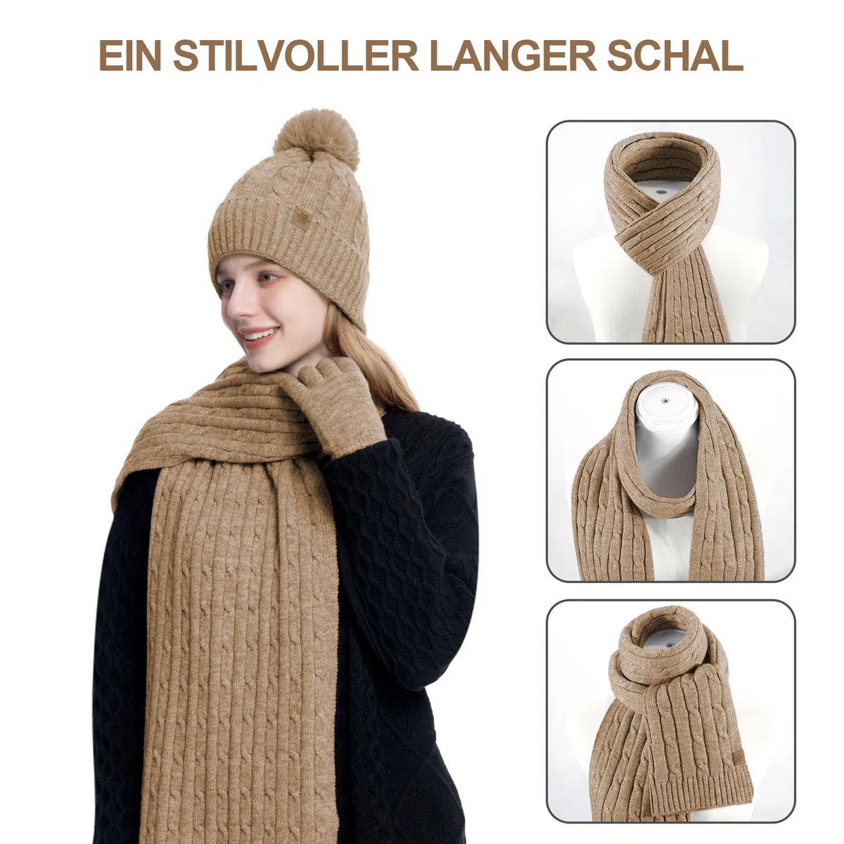 HOSPAOP Set Invernale Donna 3 in 1 – Berretto con Pompon, Sciarpa Lunga e Guanti Touchscreen, Cappello Invernale Donna a Maglia con Fodera in Pile, Accessori Caldi per Esterno e Quotidiano