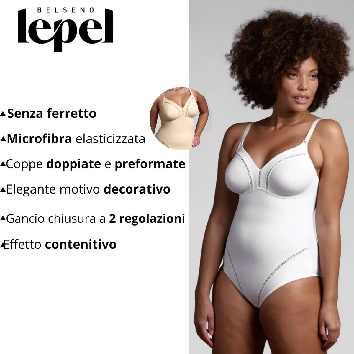 Lepel Body Contenitivo Liscio Senza Ferretto in Microfibra Elastico con Coppa C Preformata con Elegante Motivo Decorativo Dafne