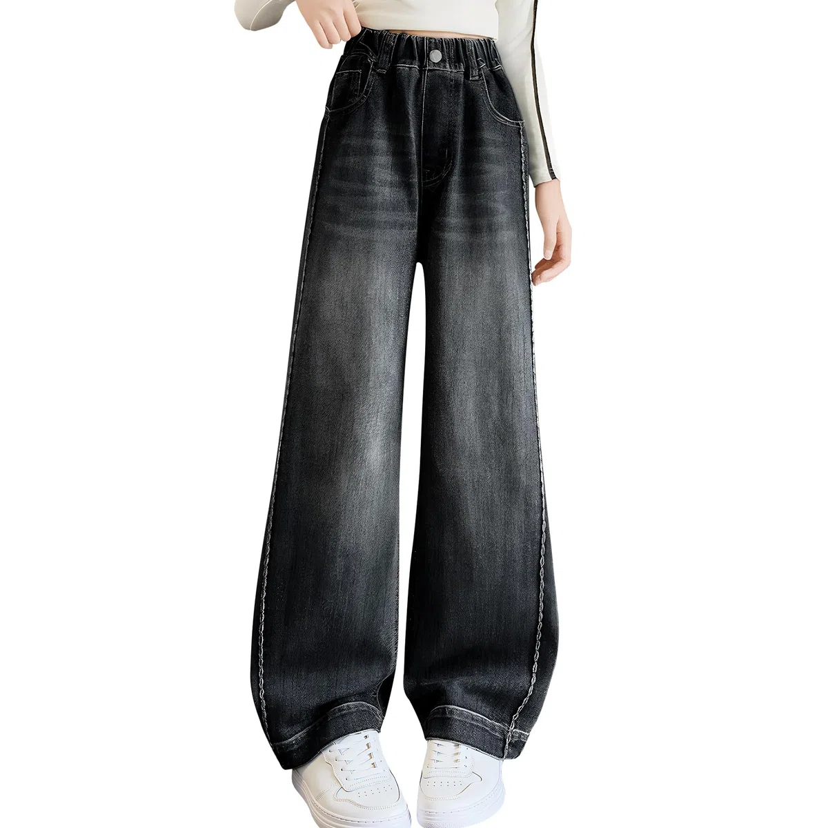 Jeans Larghi per Ragazze, Baggy Comodo Denim Pantaloni con Vita Alta Elastica Morbido Casual Moda Loose Fit Pants con Tasche Streetwear Vestiti per Ragazza 7-14 Anni, Blu Scuro
