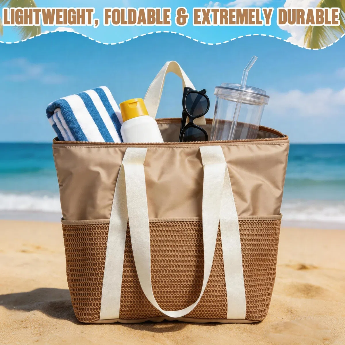 Borsa da spiaggia da donna, con chiusura lampo, grande borsa da spiaggia XXL, borsa per la famiglia, impermeabile, per piscina, borsa da spiaggia pieghevole