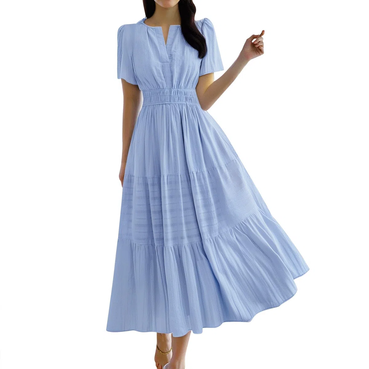 Maxi abito da donna Flowy 2025 alla moda a maniche corte con scollo a V prendisole estive a trapezio con punto smock swing abiti lunghi da spiaggia