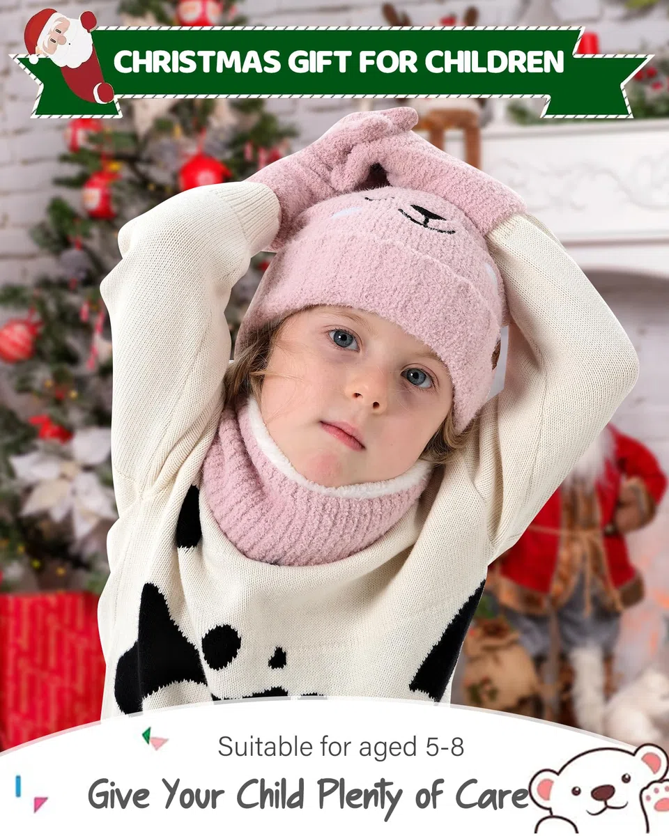 Bequemer Laden Invernale Bambino Sciarpa Guanti Cappello con Pon Pon, Termico Berretto Scaldacollo Manopole per 0-4 Anni Bambini Piccoli 5-8 Anni Bambina Bimbo