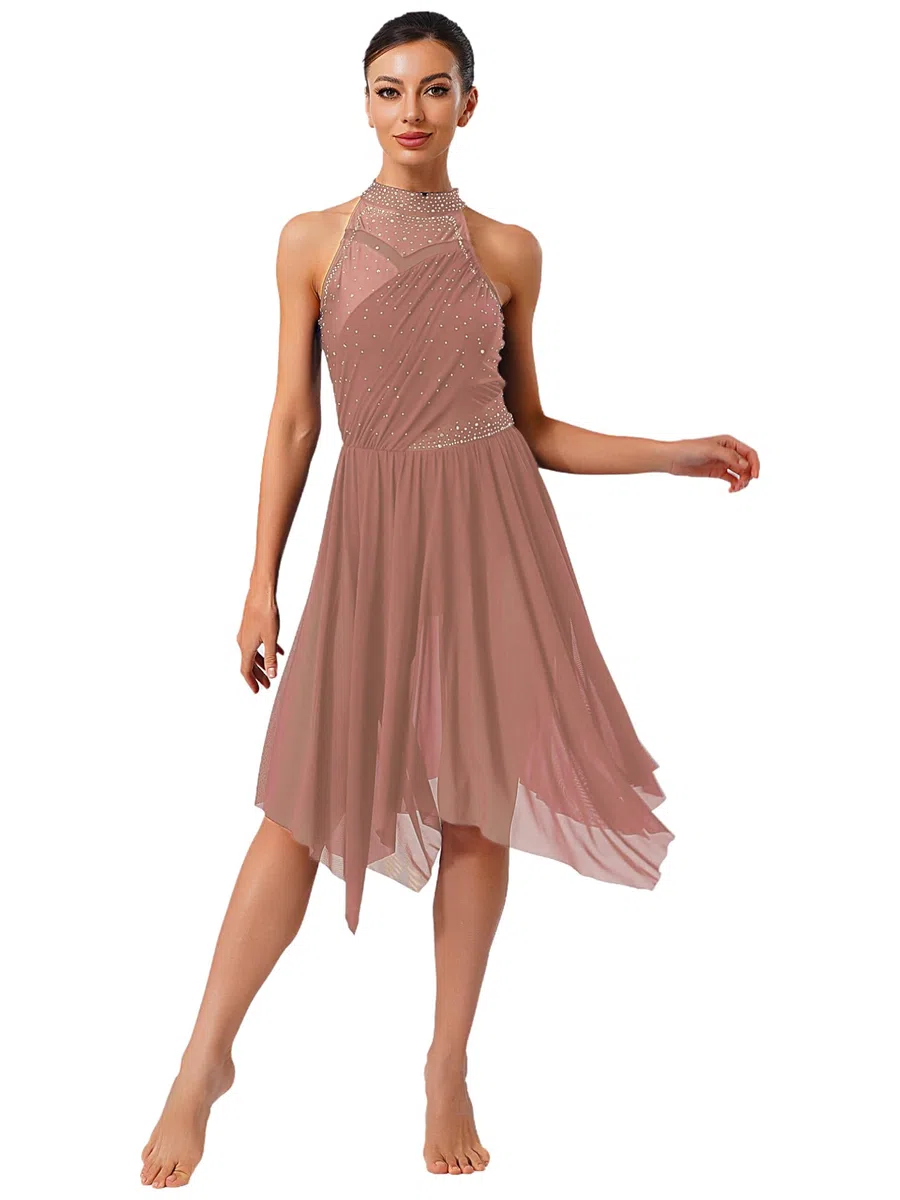 ranrann Vestito da Ballo Lirico Latino Americano Donna Senza Schiena Strass Abito da Pattinaggio Gonna Asimmetrica Danza Moderna Standard Valzer Tango Sala Saggio