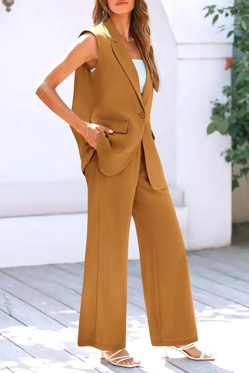 Completo smanicato da donna con gilet e pantaloni a gamba larga, set blazer casual da lavoro