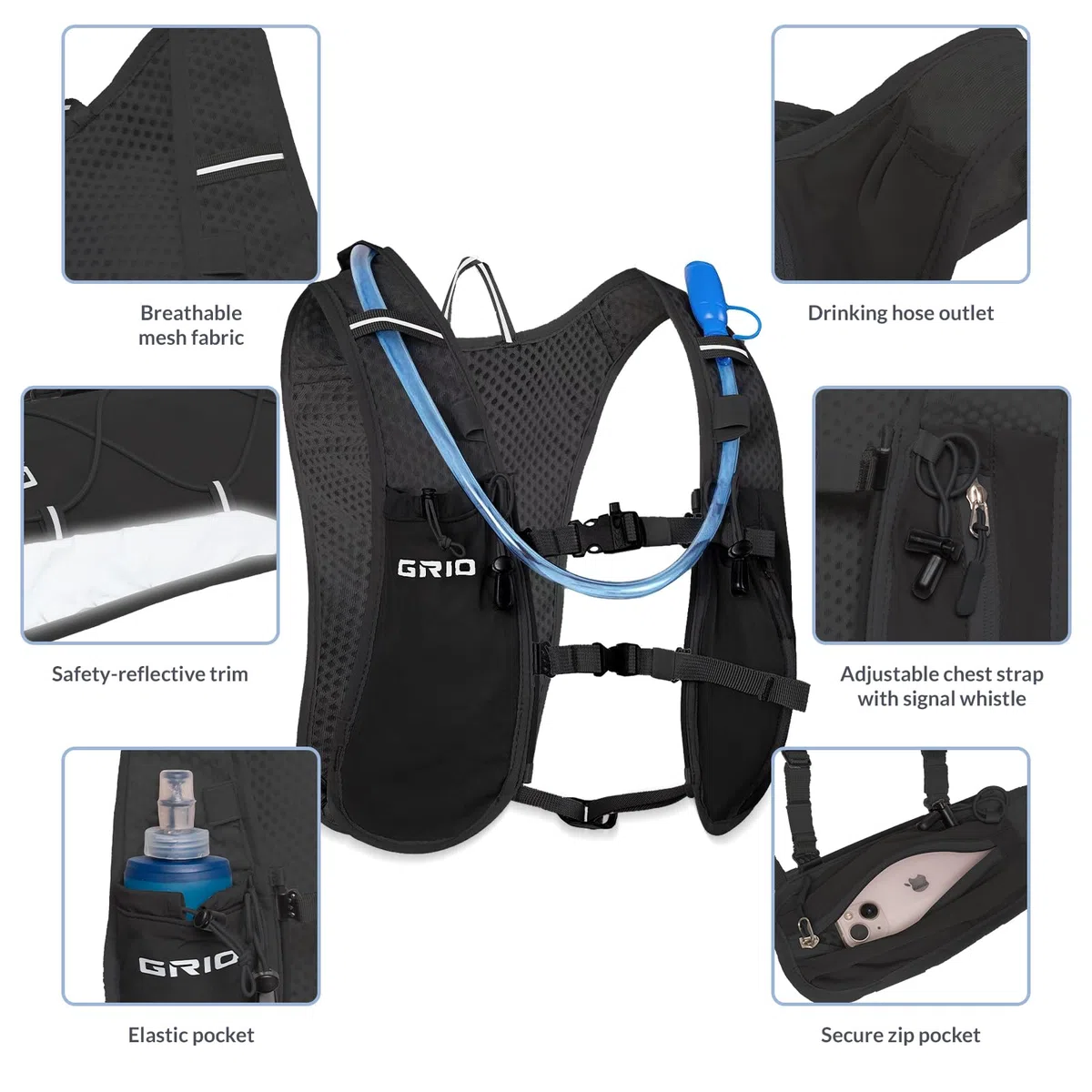 Gilet da corsa per donne e uomini, con cinghie pettorali regolabili, con sacca d'acqua da 1,5 l, leggero, traspirante, riflettente, per maratona, sentiero, escursionismo, ciclismo