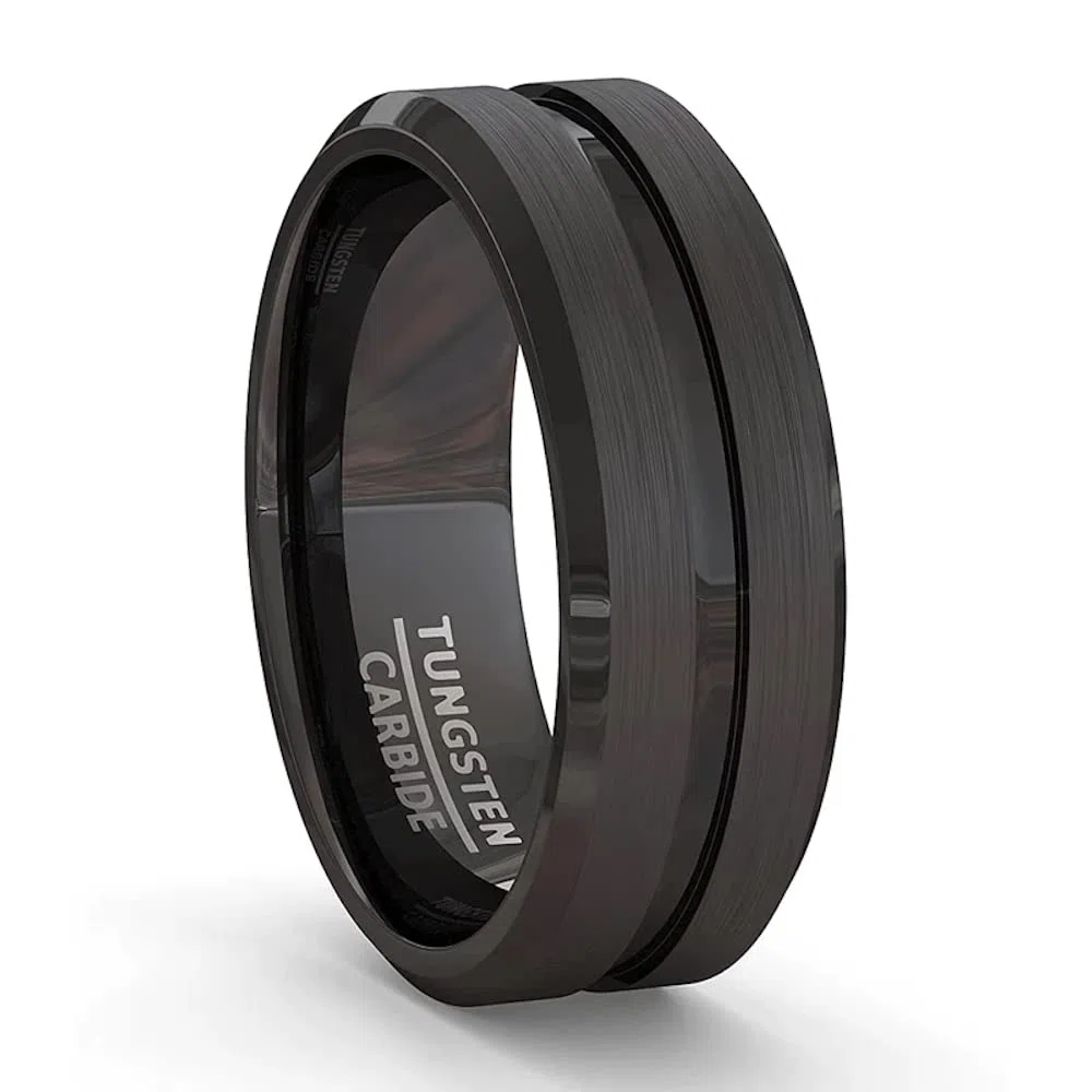 ZENSE - Anello da uomo in acciaio nero opaco con scanalatura ZR0170