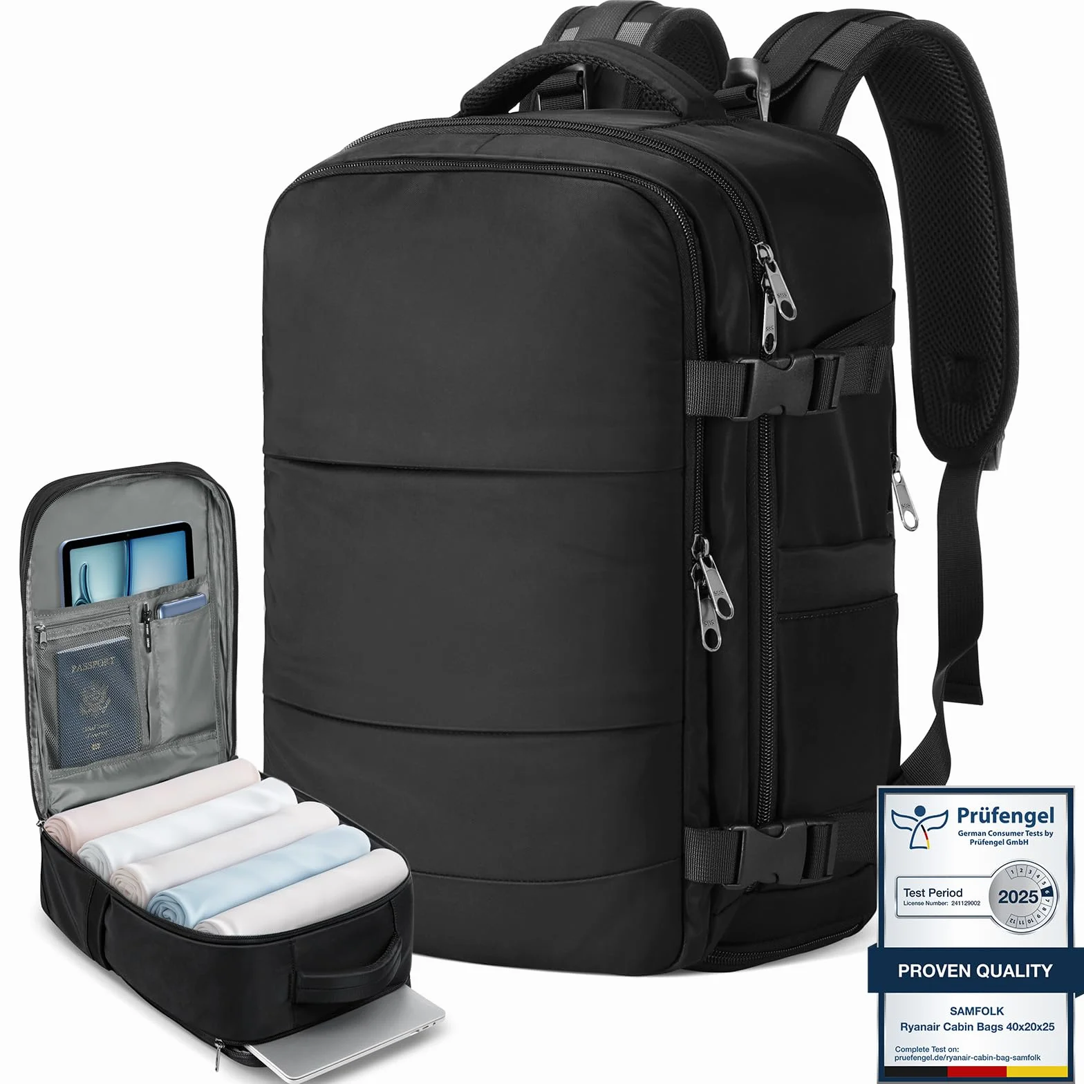 Samfolk Zaino Ryanair 40x20x25 Zain da Vaggio bagaglio a mano ryanair 12 Tasche zaino sottovuoto viaggio con Borsa Scarpe Separata per Donne e Uomini Bagaglio a mano, 20L (Nero, 40x20x25)