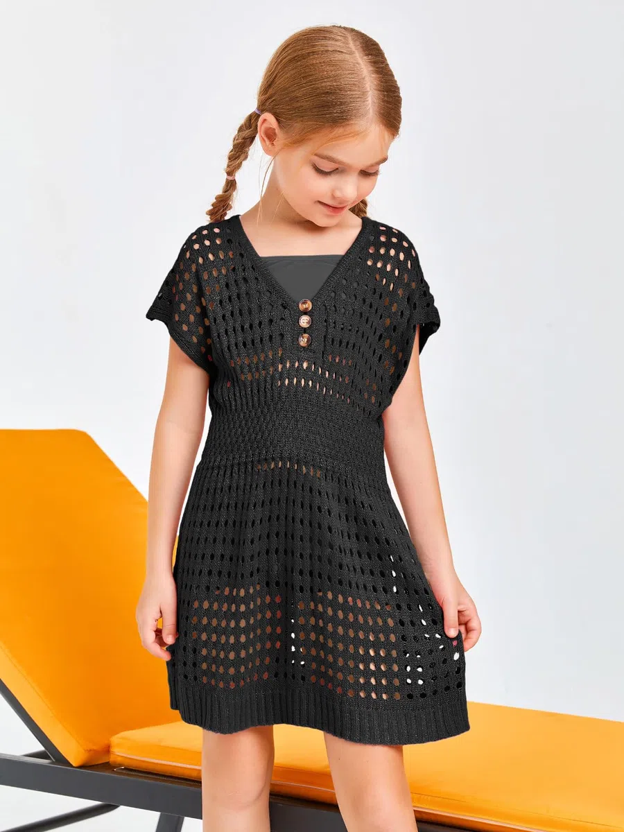 Haloumoning Vestito da spiaggia da ragazza copertura Up bikini estivo poncho manica corta maglia bambini moda costumi da bagno