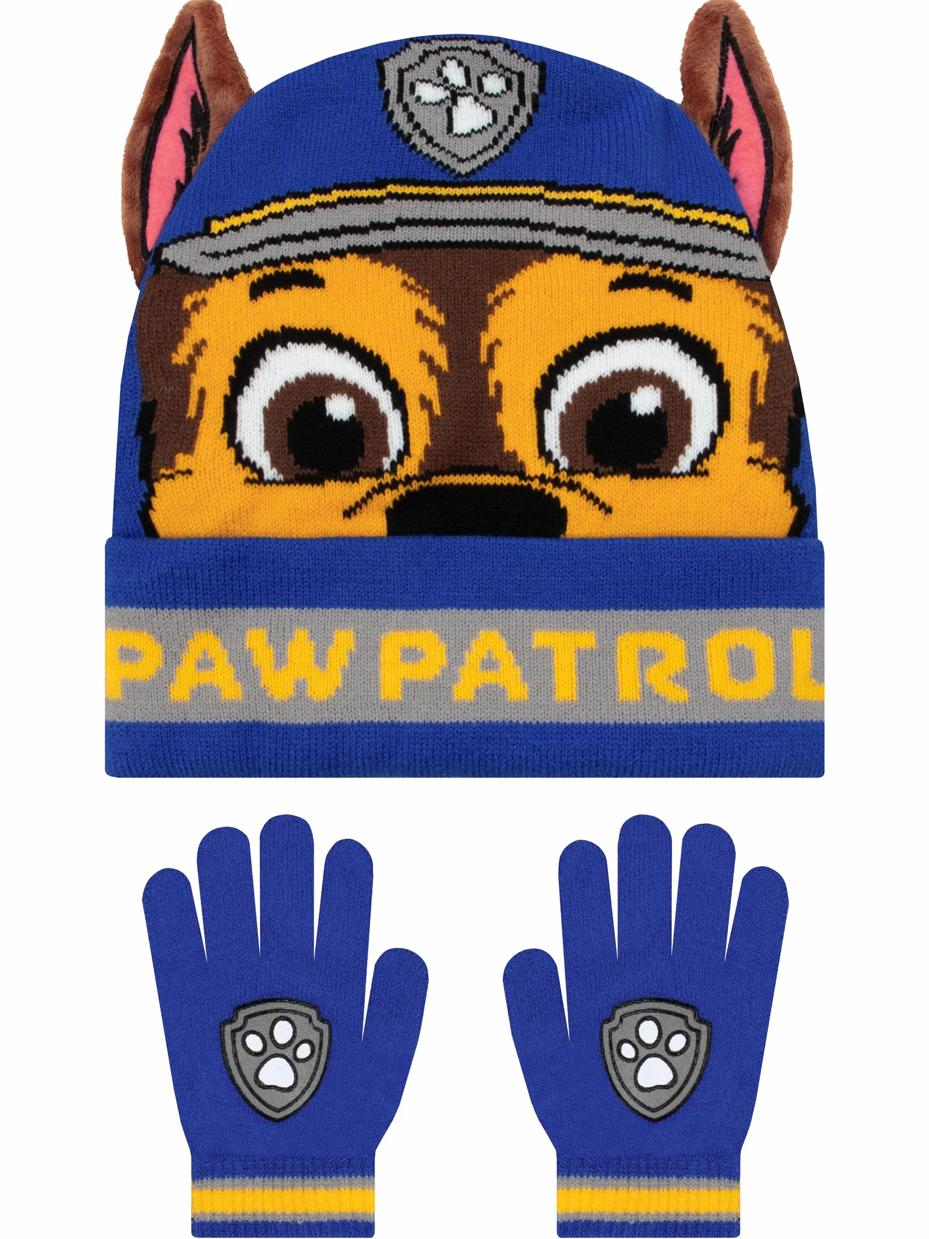 Paw Patrol Set Berretto E Guanti Per Bambini, Set Berretto E Guanti Chase Con Orecchie 3D, Blu, Taglia Unica