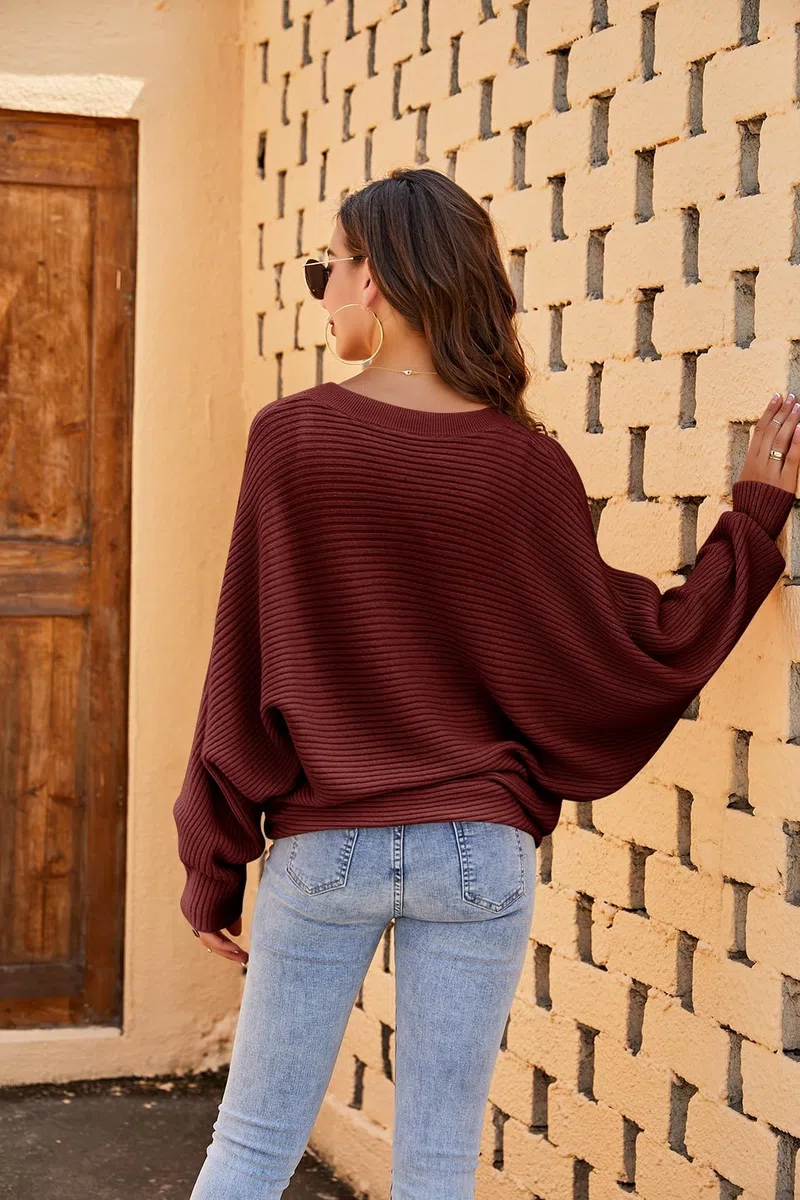 Fessceruna Maglione da Donna Oversize con Maniche a Pipistrello Lavorato a Maglia Invernale con Collo Rotondo Felpa a Coste