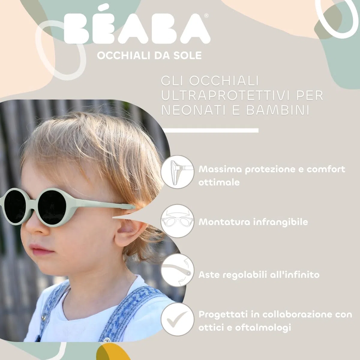 BÉABA Occhiali da Sole Bambino 9-24 Mesi – Protezione 100% UV Categoria 3, Schermo Laterale, Comfort Ottimale, Astine Regolabili 360°, Adattabili alla Vista – Collezione Joy Verde Grigio