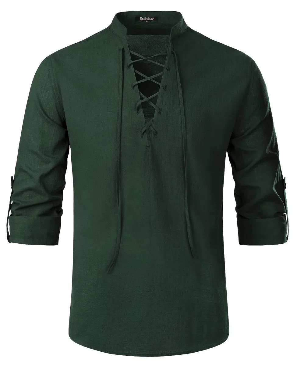 Enlision Camicia in Lino da Uomo Camicia Henley con Lacci retrò Punk Costume Medievale Rinascimentale Camicia Ghillie Scozzese Classica